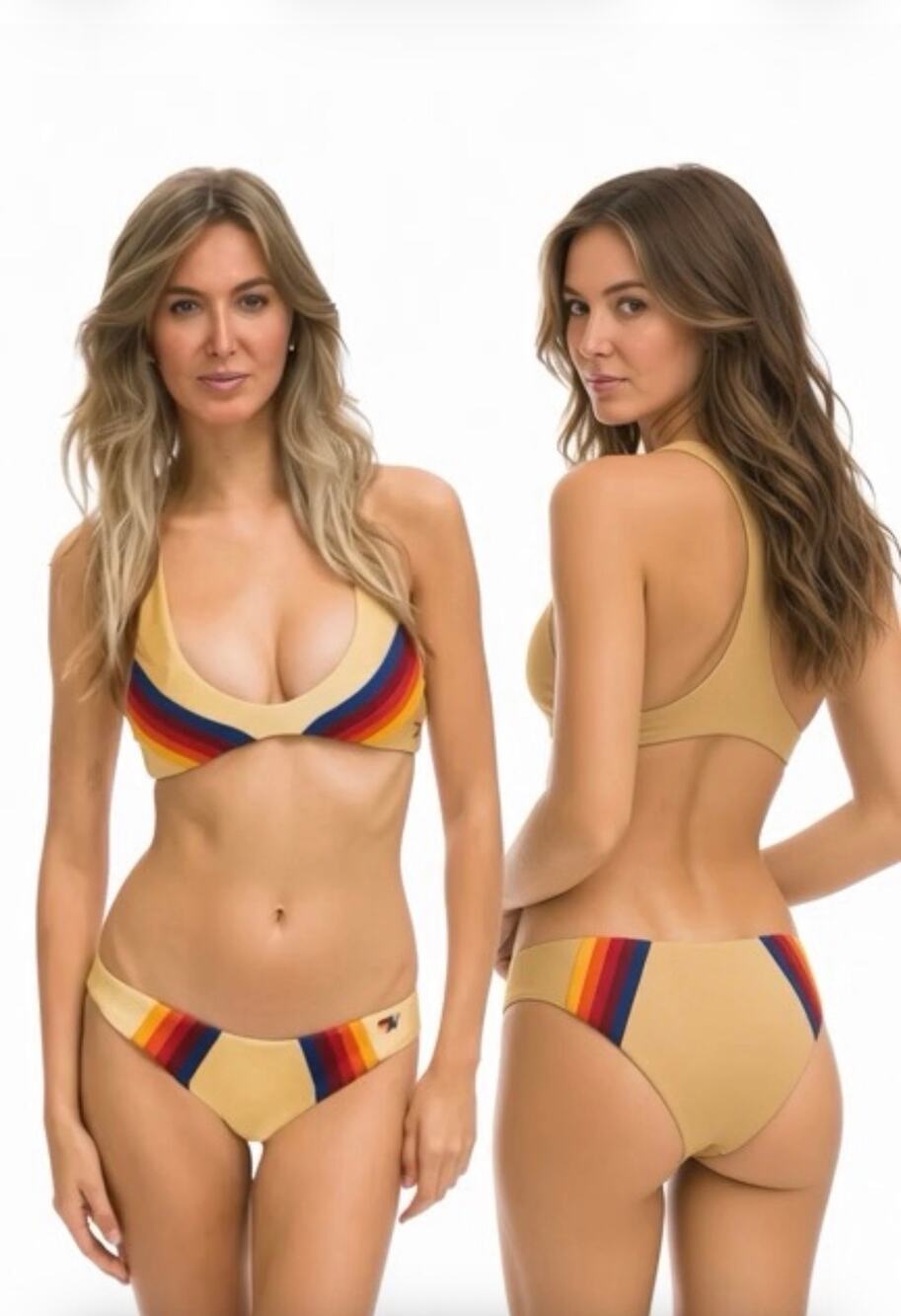 Aviator Nation Vintage 70s Style Bikini Set - Yellow with Rainbow Stripes, Size